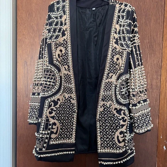 Embellished Black Beaded Jacket with Cream Pearl Trim - Picture 1 of 2